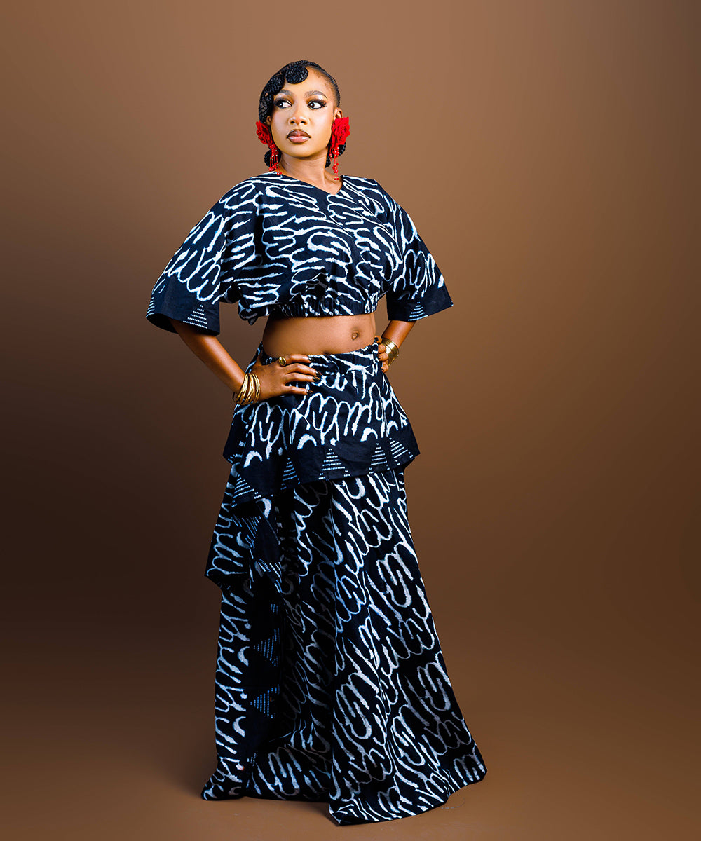 The Nia Adire Print Two-Piece Maxi Skirt Set - Black