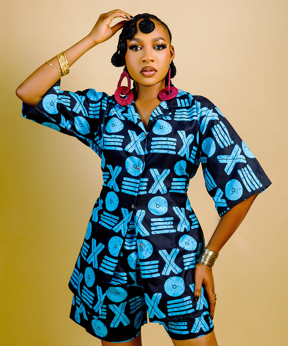 The Nia Adire Print Two-Piece Maxi Skirt Set - Blue