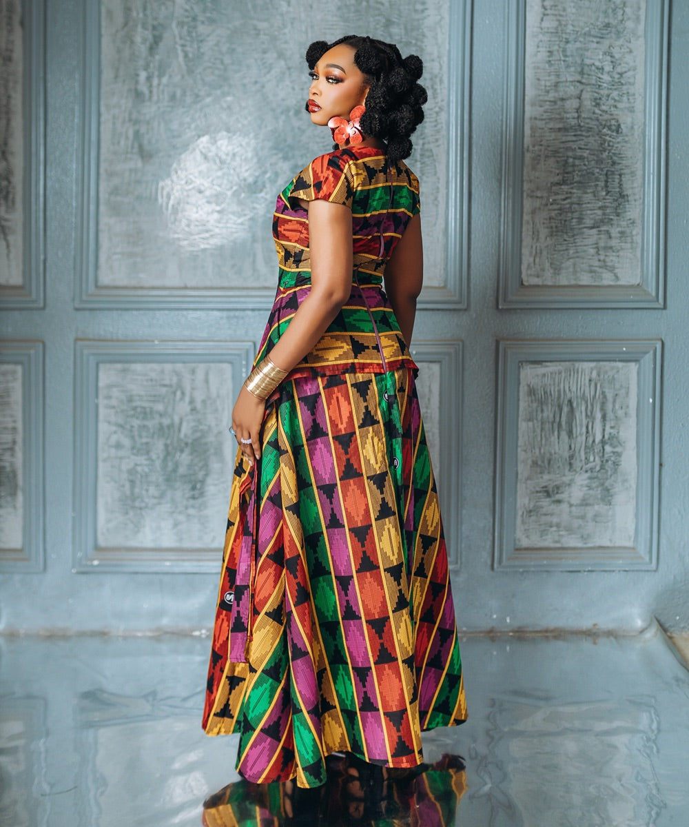 The Nia Peplum Top with Maxi Skirt - Multicoloured