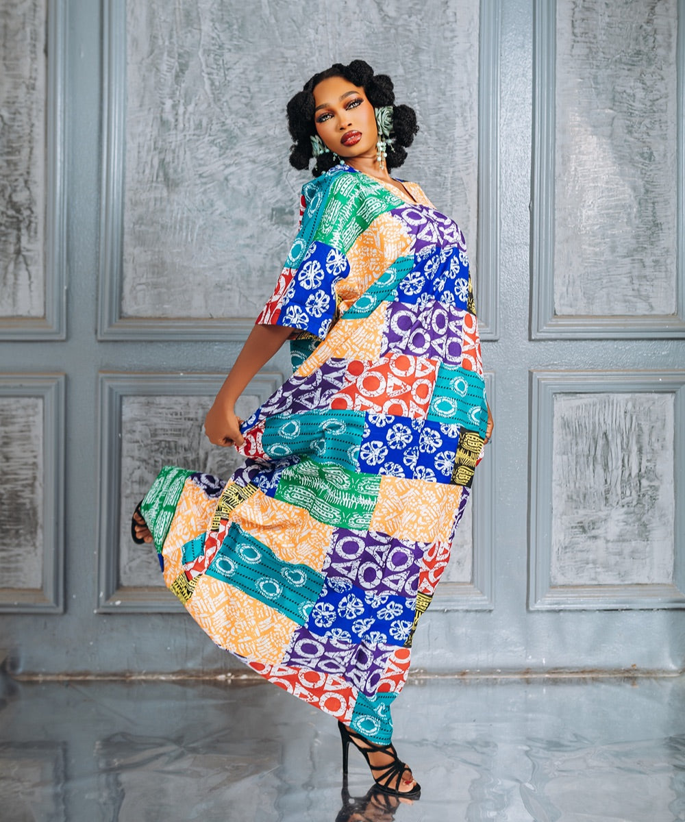 The Nia Multicoloured Short-Sleeve Maxi Gown