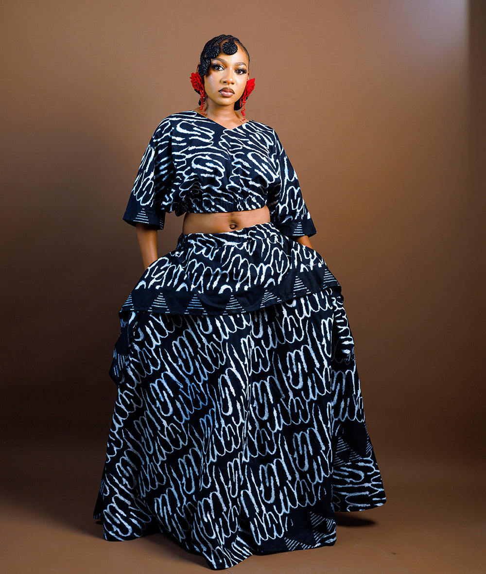 The Nia Adire Print Two-Piece Maxi Skirt Set - Black