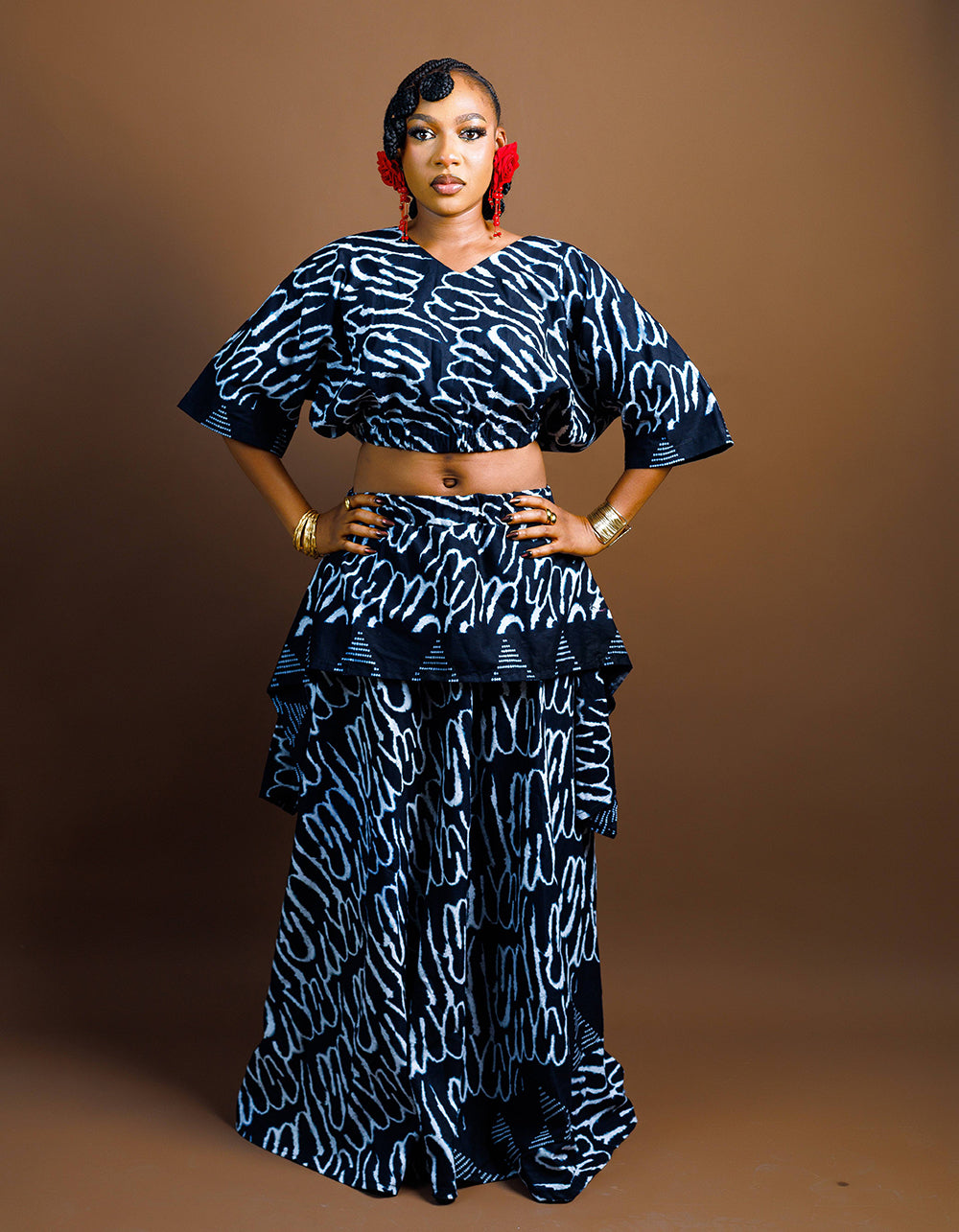 The Nia Adire Print Two-Piece Maxi Skirt Set - Black