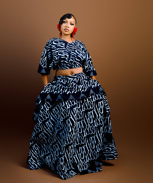 The Nia Adire Print Two-Piece Maxi Skirt Set - Black