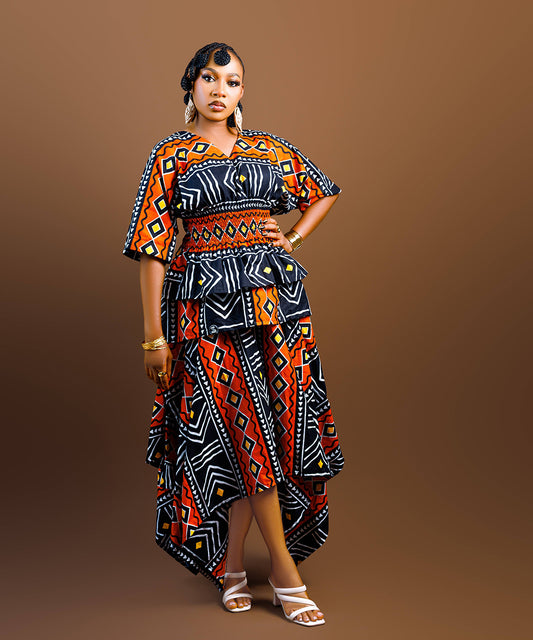 The Nia Adire Print Two-Piece Maxi Skirt Set - Multicolour