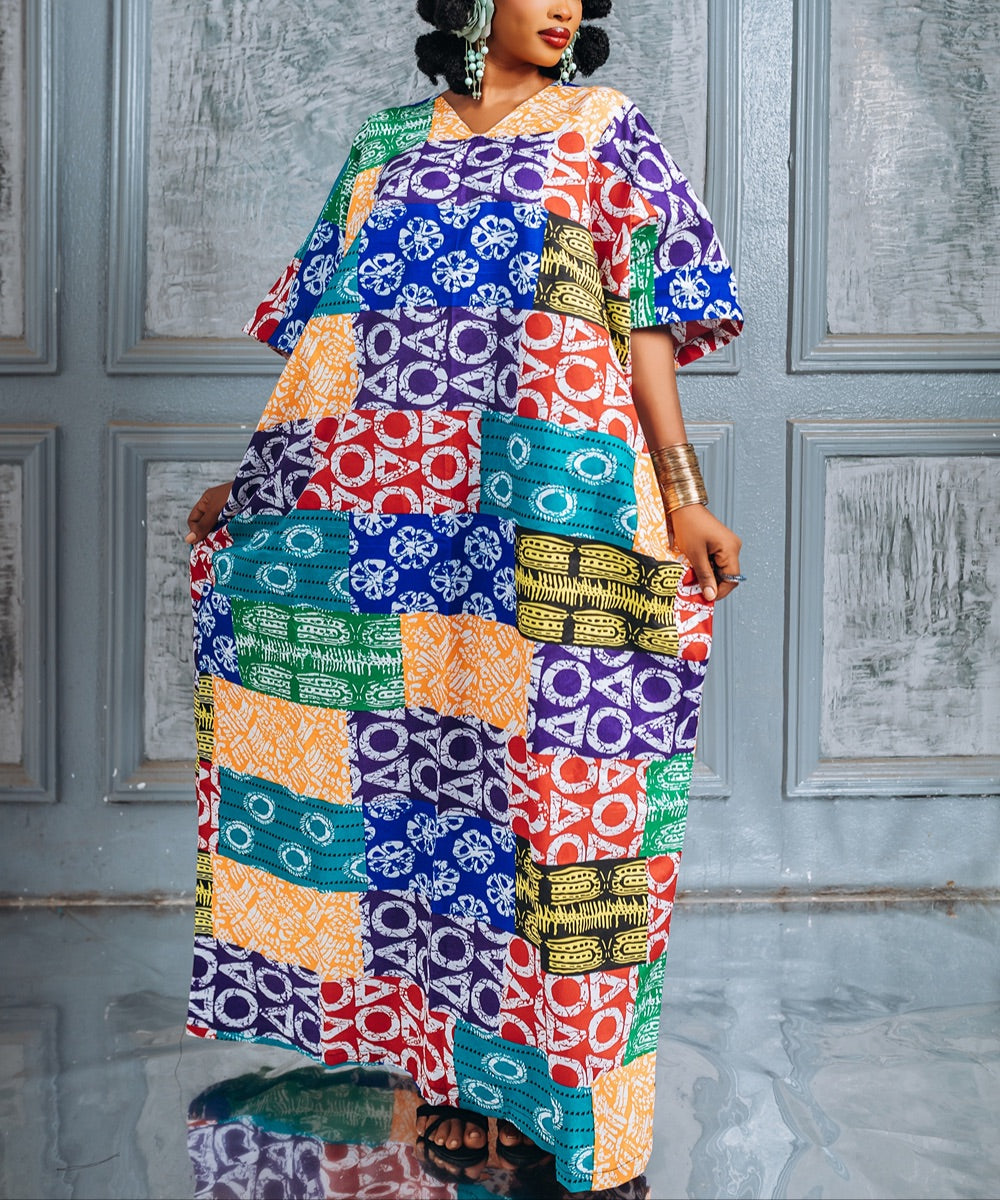 The Nia Multicoloured Short-Sleeve Maxi Gown