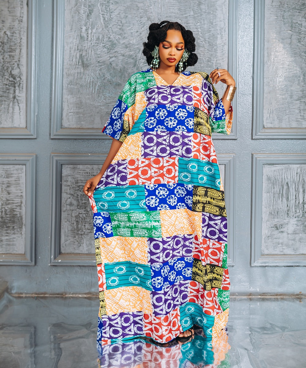 The Nia Multicoloured Short-Sleeve Maxi Gown