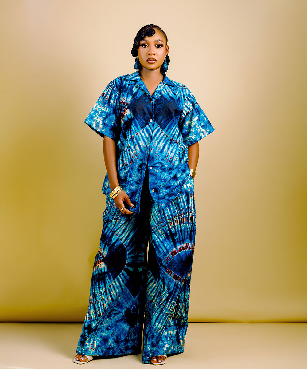 The Nia Adire Print Two-Piece Maxi Skirt Set - Blue