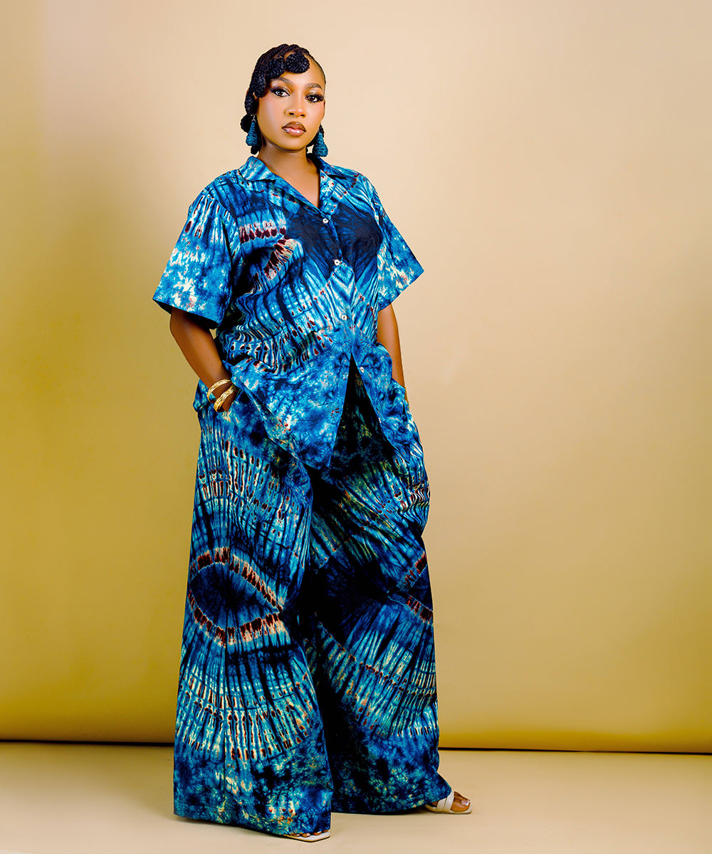 The Nia Adire Print Two-Piece Maxi Skirt Set - Blue