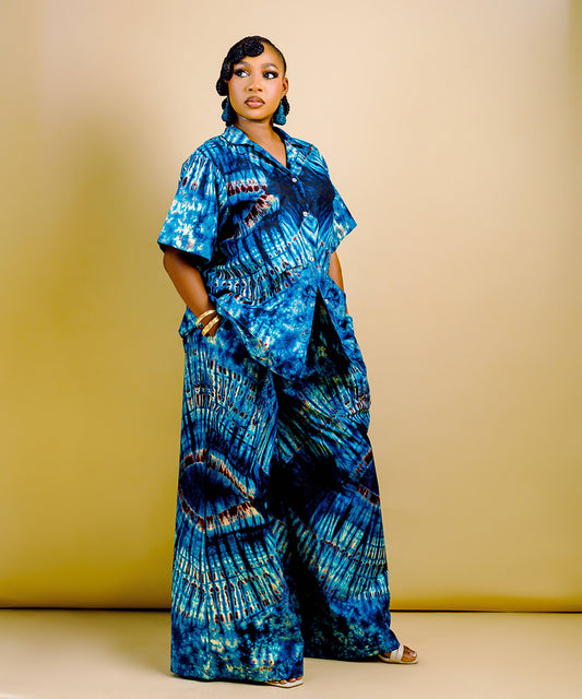 The Nia Adire Print Two-Piece Maxi Skirt Set - Blue