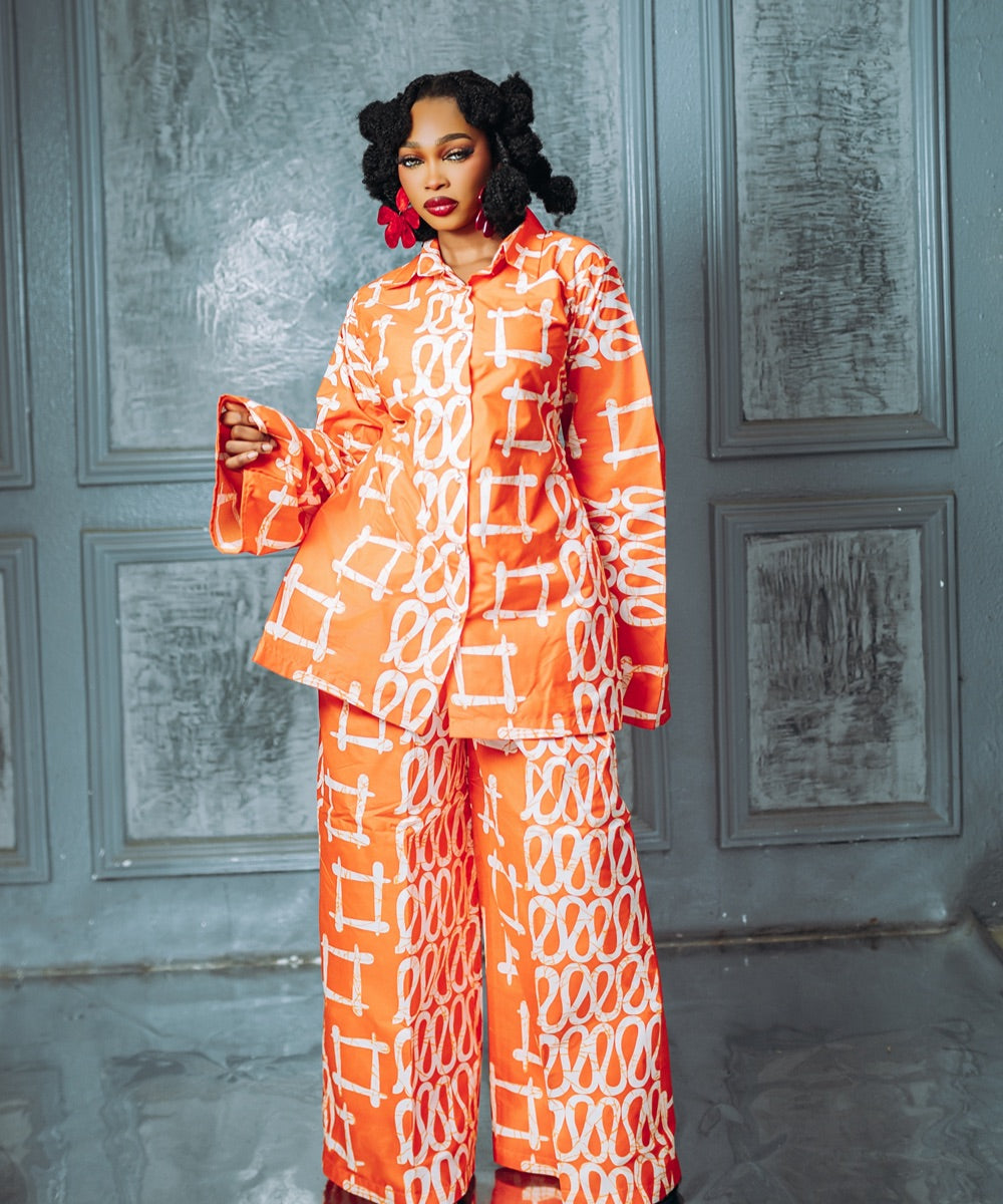 The Nia Long-Sleeve Button-Up Shirt and Wide-Leg Pants,