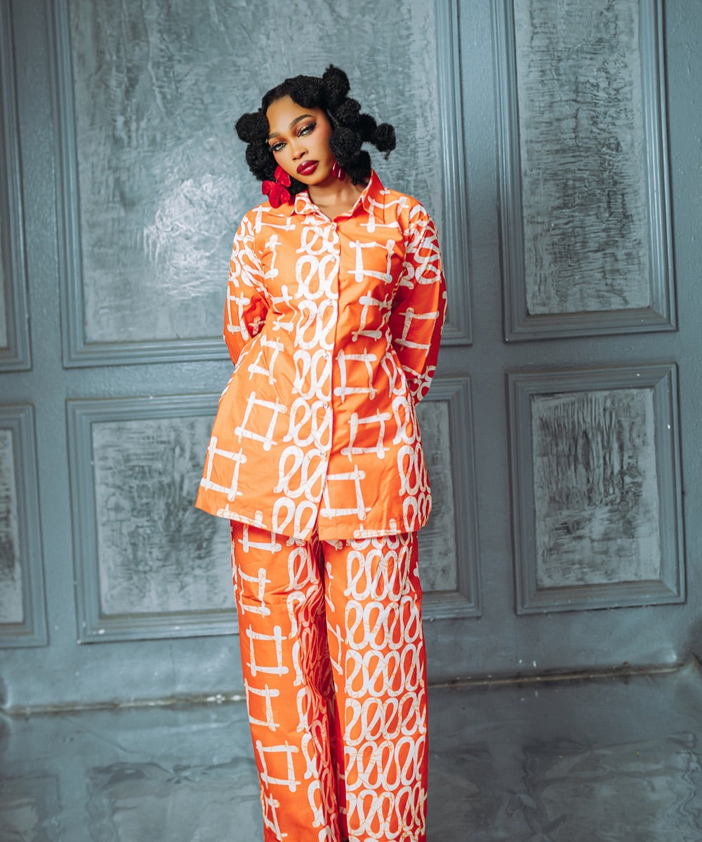 The Nia Long-Sleeve Button-Up Shirt and Wide-Leg Pants,