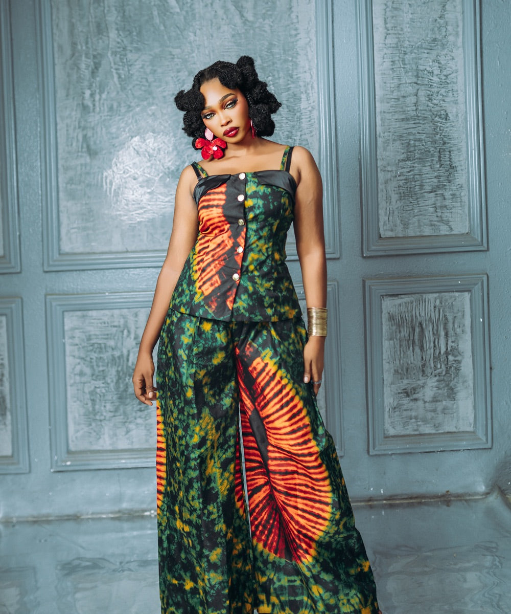 The Nia Sleeveless Matching Set With a Fitted Corset-Style Top and Wide-Leg Pants - Multicoloured