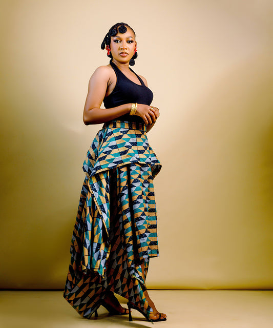 The Nia Adire Print Two-Piece Maxi Skirt Set - Peacock Blue