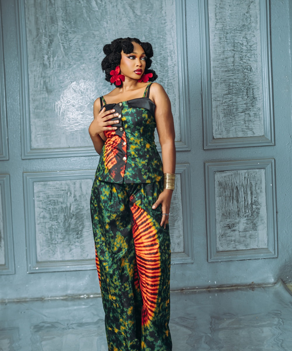 The Nia Sleeveless Matching Set With a Fitted Corset-Style Top and Wide-Leg Pants - Multicoloured