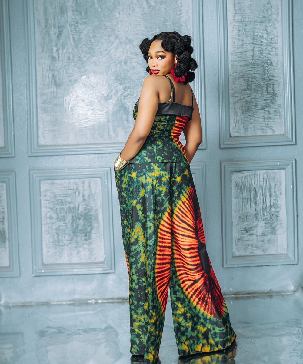 The Nia Sleeveless Matching Set With a Fitted Corset-Style Top and Wide-Leg Pants - Multicoloured