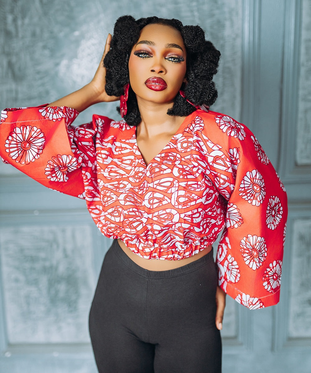 The Nia Patterned Crop Top With Wide Bell Sleeves - Multicoloured