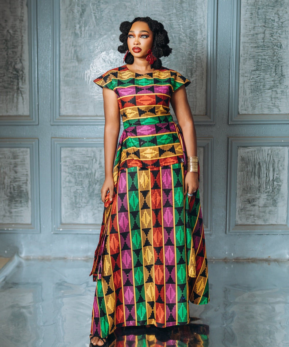 The Nia Peplum Top with Maxi Skirt - Multicoloured