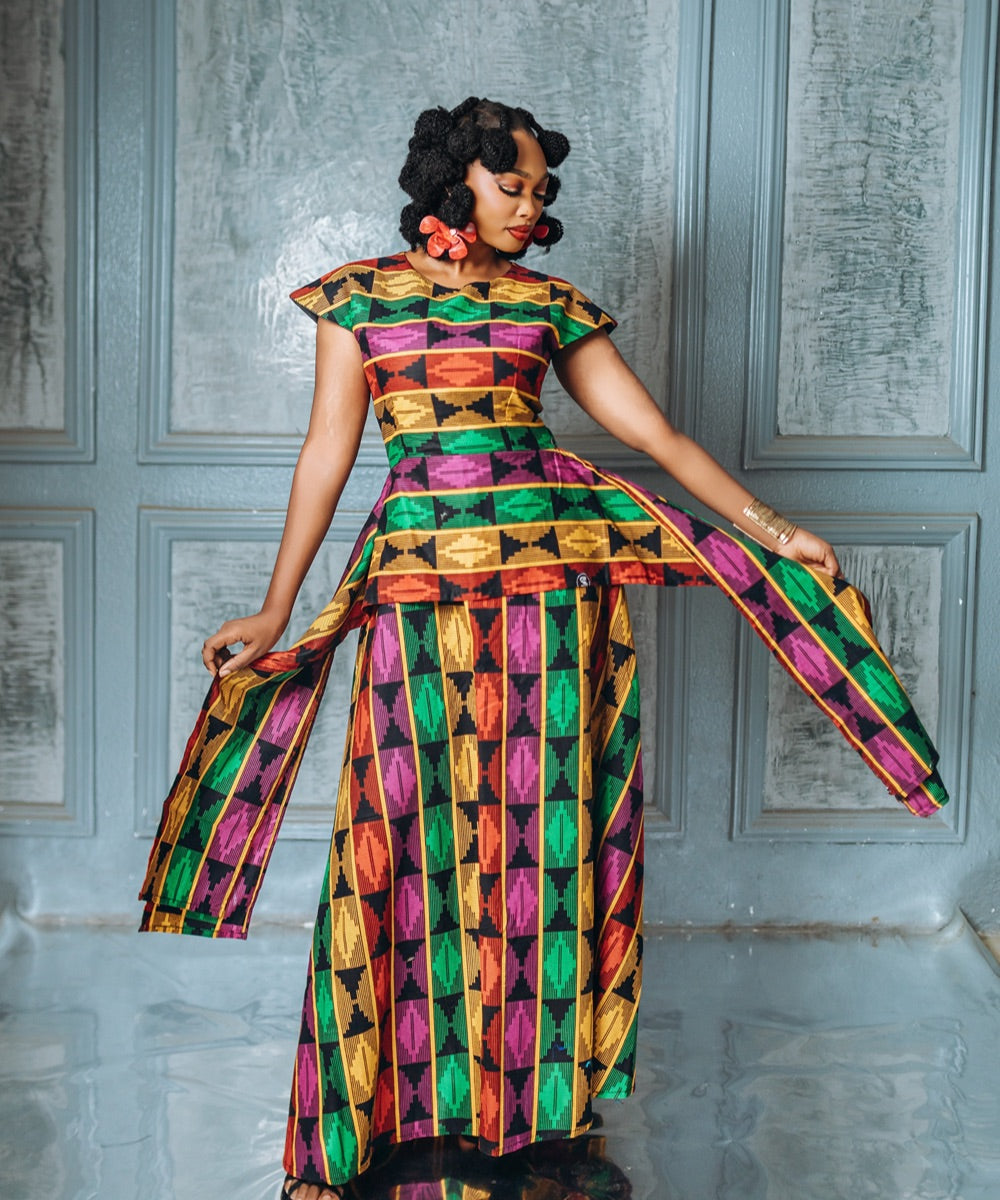 The Nia Peplum Top with Maxi Skirt - Multicoloured